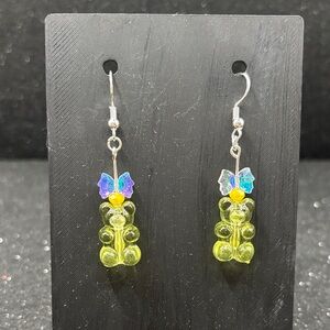 Yellow Gummy Bear Dangle Earrings with Iridescent bow